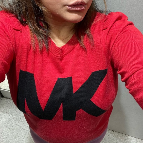 MICHAEL KORS Red MK Sweater Puff Sleeves Monogram Logo RARE Cute Knit Statement - Picture 2 of 3